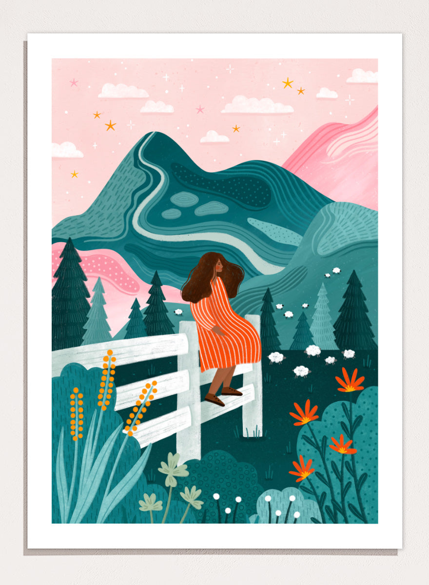 Shop Woman Rural Starry Night by Bea Müller, a figurative landscape wall art print poster featuring a woman, mountain scenery, wildflowers, and a pink starry sky.