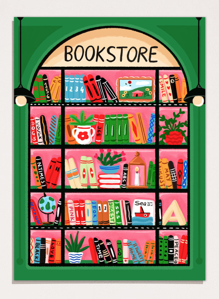 A colorful illustrated storefront sign for a bookstore, showing an arched window with shelves of books, plants, and small objects in bright pink, green, orange, blue, and yellow tones. Shop Charming Bookstore Shelf by Nidhi Kachhadiya, a colorful bookstore wall art print with bookshelves, plants, graphic shapes, and bold pink and green tones.