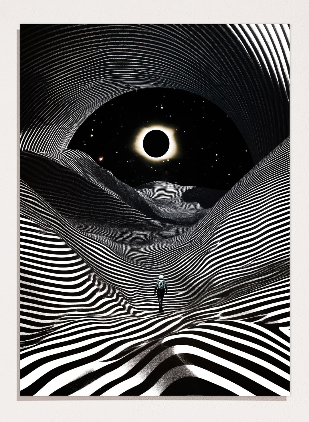 Black and white abstract design with a person standing in a tunnel-like pattern, featuring a celestial body in the center. New Adventures In Foreign Lands by Taudalpoi astronaut eclipse art print with black and white striped landscape and cosmic sky surreal poster.
