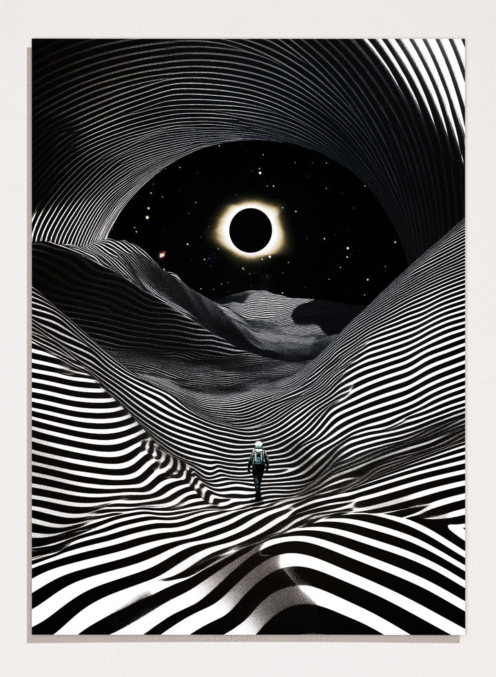 Black and white abstract design with a person standing in a tunnel-like pattern, featuring a celestial body in the center. New Adventures In Foreign Lands by Taudalpoi astronaut eclipse art print with black and white striped landscape and cosmic sky surreal poster.