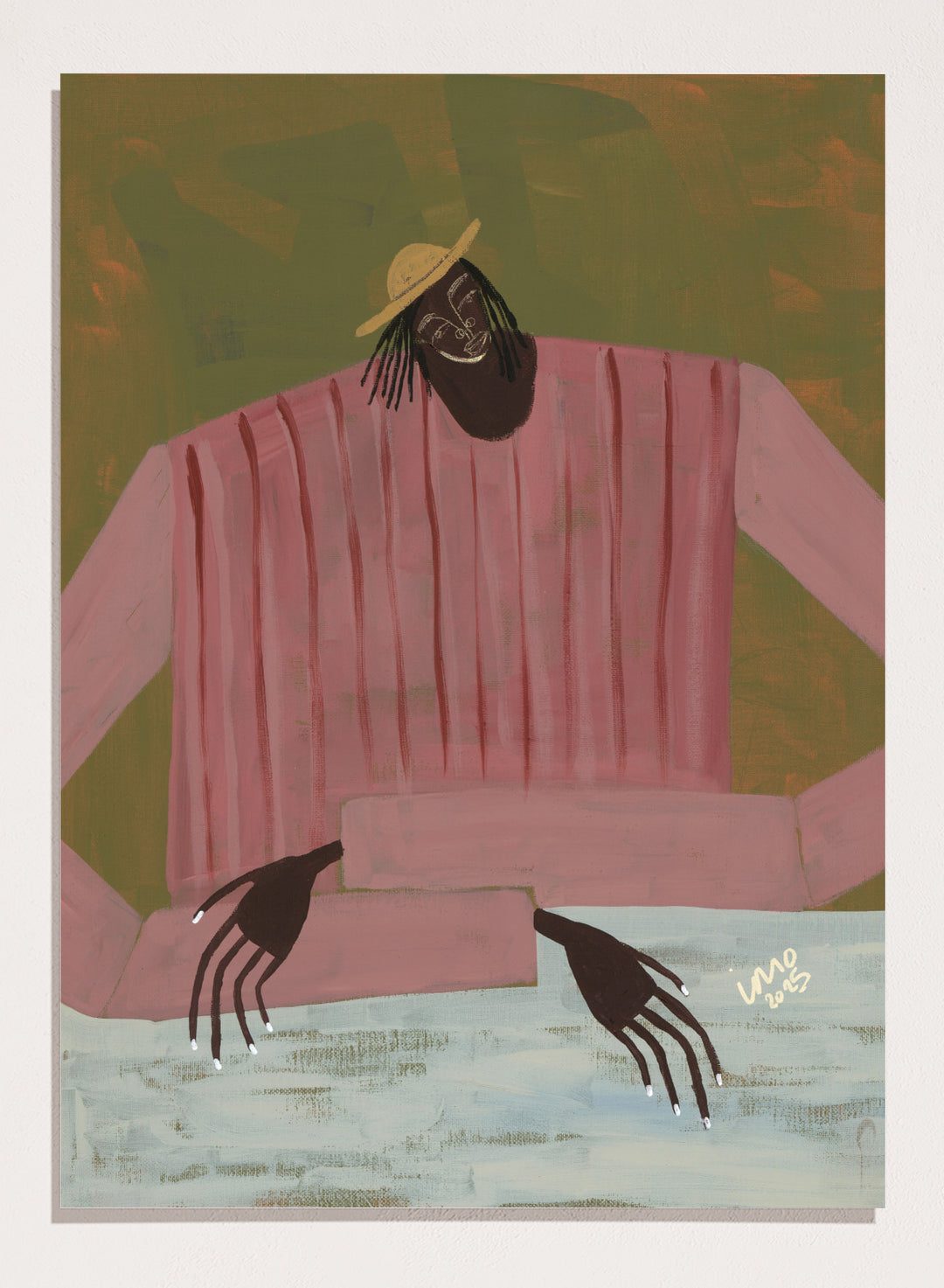 Artistic depiction of a person wearing a pink shirt and straw hat on a textured background. For Now I Don’t Know by Studio IMO (Ibi Meier-Oruitemeka) is a modern figurative art print with a seated figure and contemporary portrait wall poster design.