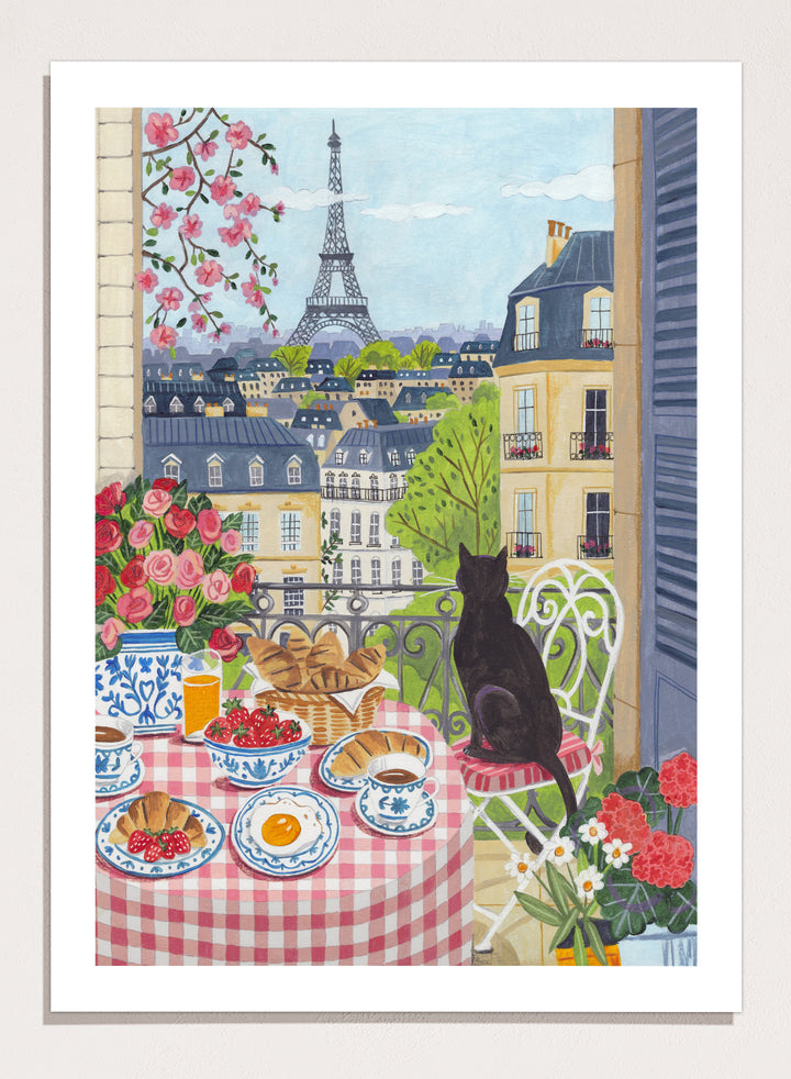Parisian scene with a cat, table setting, and Eiffel Tower view. Paris Balcony Breakfast by Caroline Bonne Müller is a colorful Paris art print featuring Eiffel Tower view, breakfast table, cat illustration, and modern aesthetic city scene.