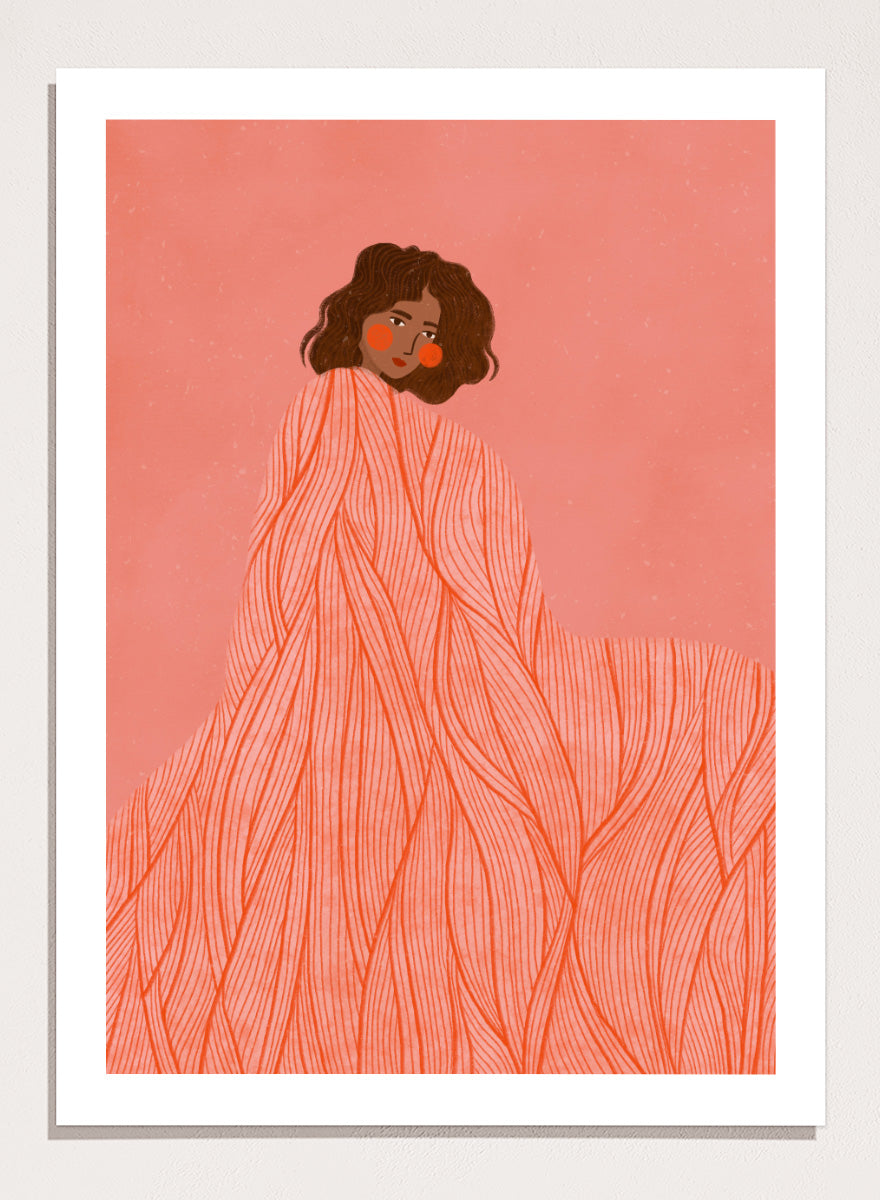 An art print featuring an illustration of a woman with dark curly hair wrapped in a flowing coral-orange patterned dress against a solid pink background. Coral Woman Dreaming by Bea Müller portrait art print featuring a woman wrapped in a flowing coral dress with fine red lines and modern graphic detail.