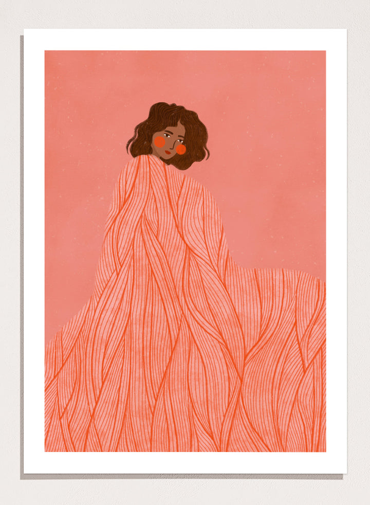 An art print featuring an illustration of a woman with dark curly hair wrapped in a flowing coral-orange patterned dress against a solid pink background. Coral Woman Dreaming by Bea Müller portrait art print featuring a woman wrapped in a flowing coral dress with fine red lines and modern graphic detail.