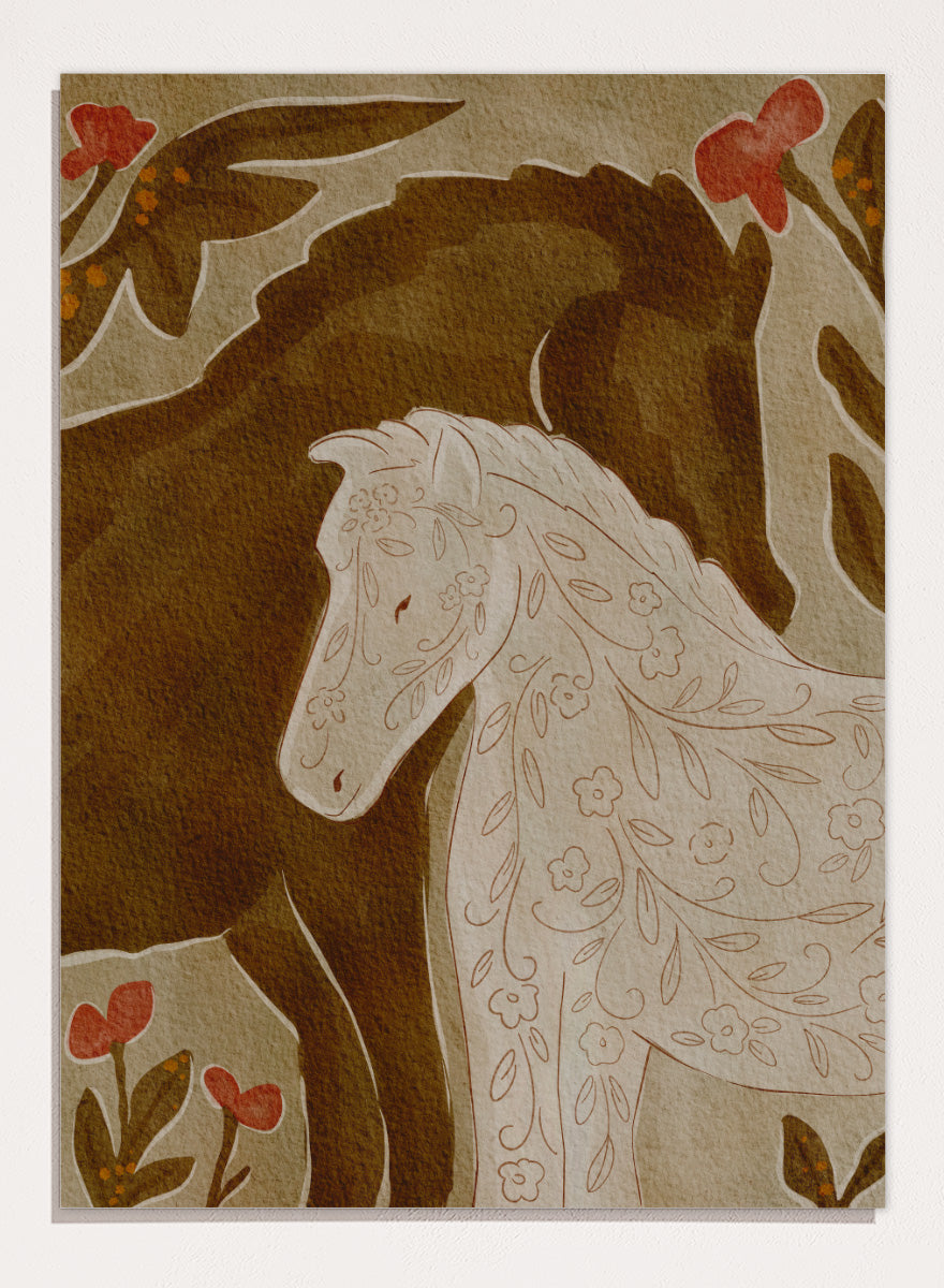 Shop Gentle Floral Horses by Nikita Jariwala, a decorative horse wall art print featuring two horses, botanical pattern, folk-inspired detail, and warm earthy tones.