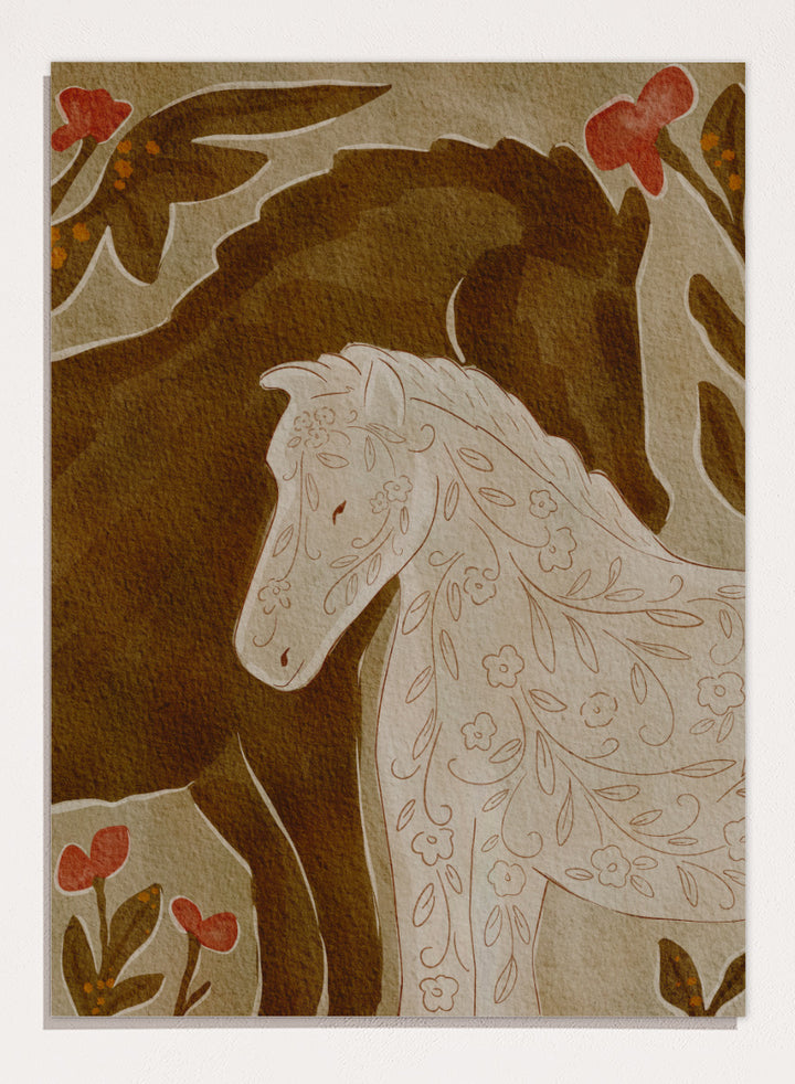 Shop Gentle Floral Horses by Nikita Jariwala, a decorative horse wall art print featuring two horses, botanical pattern, folk-inspired detail, and warm earthy tones.