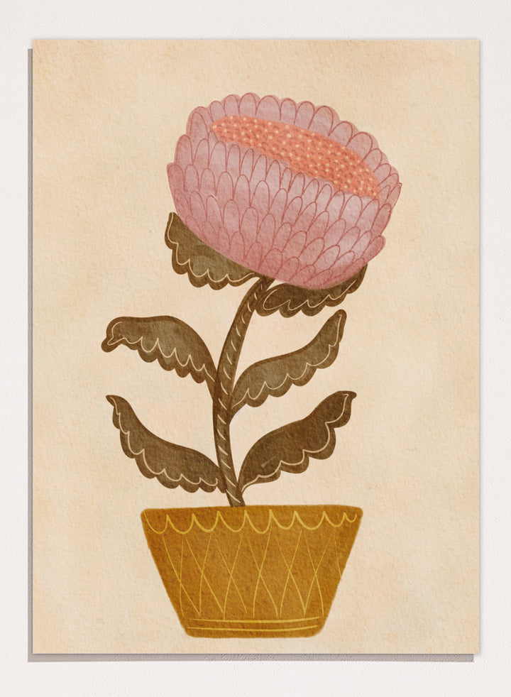 Shop Rustic Potted Flower by Nikita Jariwala, a floral wall art print poster featuring an oversized pink flower, mustard pot, folk art details, and earthy tones.