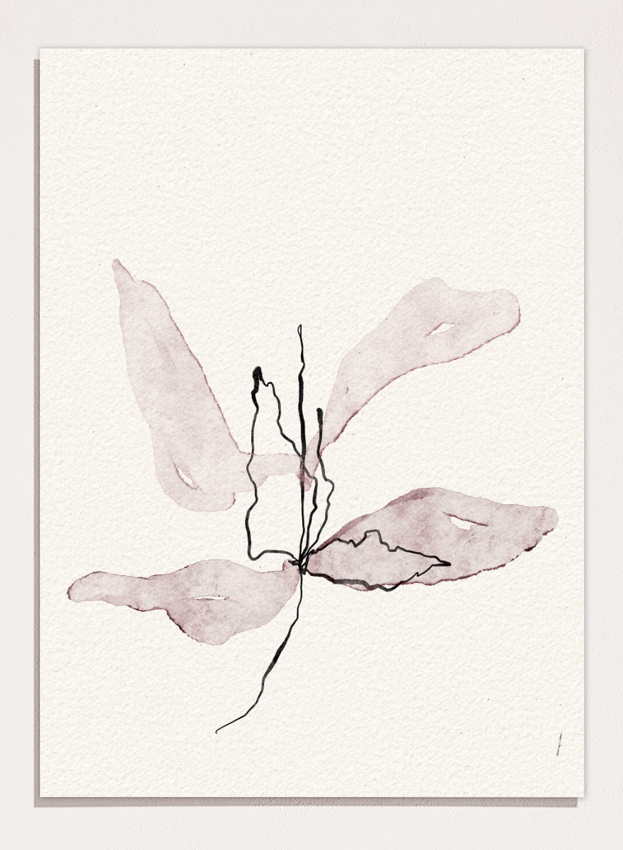 Abstract botanical art print featuring soft watercolor sepia and dusty rose leaf-like shapes with black sketch lines on textured off-white paper. Shop Delicate Botanical Bloom by Ankie Kooi, a modern floral wall art print poster with abstract flower art, minimalist linework, soft pink, cream, and black.