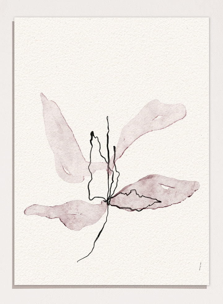 Abstract botanical art print featuring soft watercolor sepia and dusty rose leaf-like shapes with black sketch lines on textured off-white paper. Shop Delicate Botanical Bloom by Ankie Kooi, a modern floral wall art print poster with abstract flower art, minimalist linework, soft pink, cream, and black.