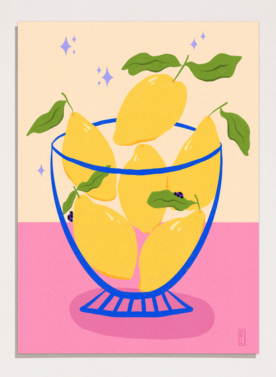 Illustration of lemons in a glass bowl with green leaves on a pink and beige background. Blue Floral Arrangement by Dirkie Nell is a botanical floral art print featuring deep blue flowers, folk inspired illustration, modern wall art, and expressive hand painted details.
