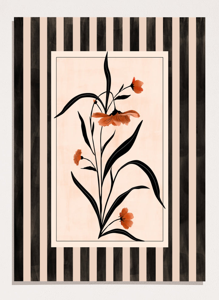 Shop Terracotta Floral Stripes by Elena Ristova, a modern floral wall art print poster featuring terracotta flowers, black leaves, and bold striped borders.