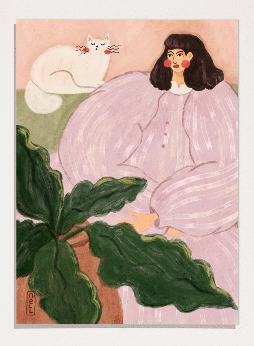 A stylized painting of a woman in a pale pink striped dress seated beside a white cat, with large green leaves in the foreground and a peach background. Cozy Woman With Cat by Dirkie Nell is a colorful portrait and animal art print featuring a woman in lavender, a white cat, oversized leaves, and soft pink tones.