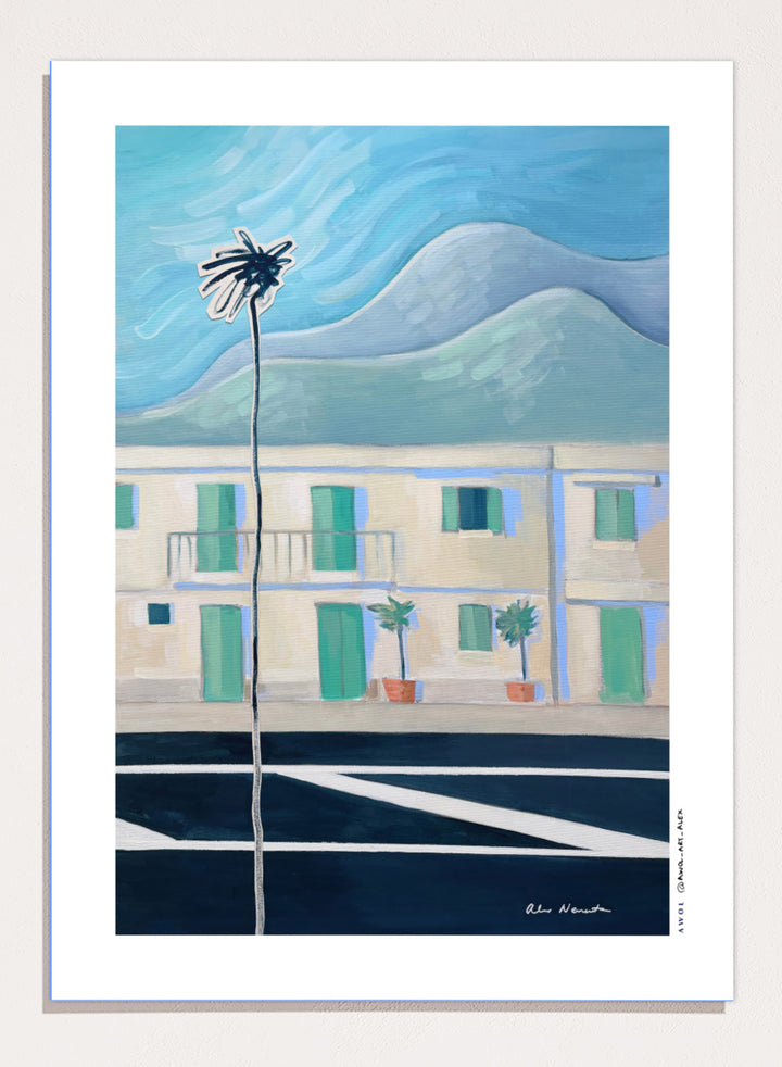 Alpes Maritimes With Palm Tree by Awol Art Alex is a modern French Riviera art print featuring a tall palm, mountain views, pastel buildings, and coastal color.