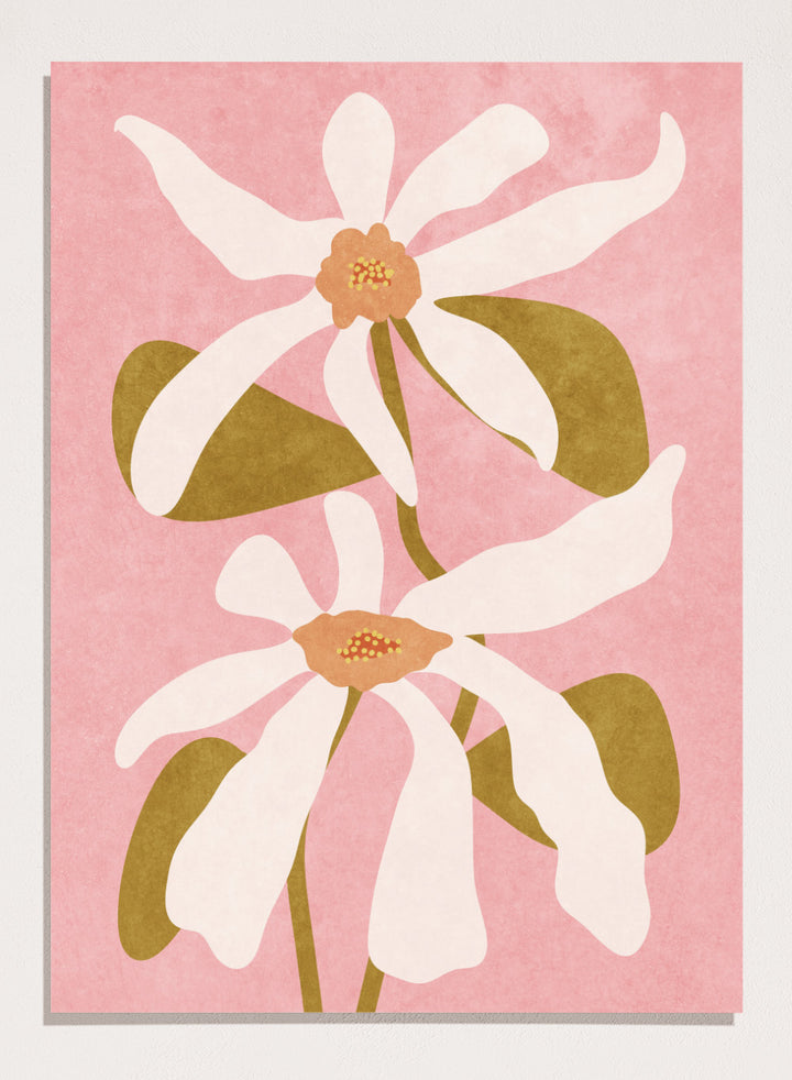 Two white flowers with green stems on a pink background. Abstract Flowers I by Raissa Oltmanns is a modern floral art print featuring white blooms on pink in contemporary botanical wall poster style.
