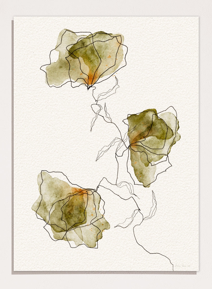 Abstract floral watercolor art print featuring three overlapping flower shapes in muted olive green, beige, and soft orange tones, outlined with fine black lines on a textured off-white background. Shop Green Watercolor Flowers by Ankie Kooi, an abstract floral wall art print poster with watercolor botanicals, minimalist line art, and green tones.
