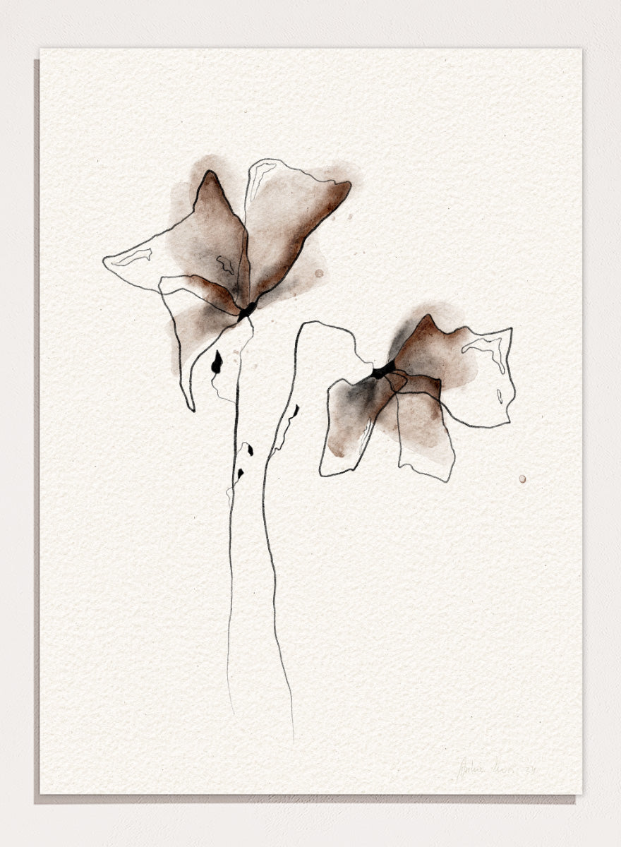 Minimalist watercolor and ink floral art print featuring two abstract flower shapes in brown and black tones on textured off-white paper. Shop Watercolor Botanical Blooms by Ankie Kooi, a modern floral wall art print poster with abstract botanical flowers, minimalist line art, brown, cream, and black.