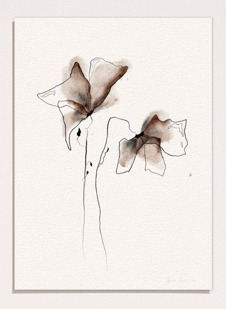 Minimalist watercolor and ink floral art print featuring two abstract flower shapes in brown and black tones on textured off-white paper. Shop Watercolor Botanical Blooms by Ankie Kooi, a modern floral wall art print poster with abstract botanical flowers, minimalist line art, brown, cream, and black.