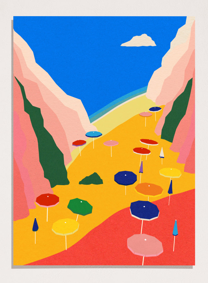 Colorful umbrellas on a red and yellow landscape with mountains and blue sky. Lido Liguria by Rosi Feist is a modern coastal art print with bold Mediterranean color, beach umbrellas, and minimalist Italian travel poster style.