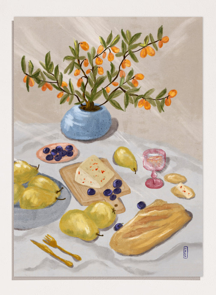 A still life painting of fruit and bread on a draped table, with pears, blueberries, a loaf of bread, cheese, a pink goblet, and a blue vase holding orange branches, all rendered in a soft painterly style. Shop Rustic Pears Still Life by Dirkie Nell, a colorful kitchen still life art print featuring pears, bread, cheese, blueberries, orange berries, and a blue vase.