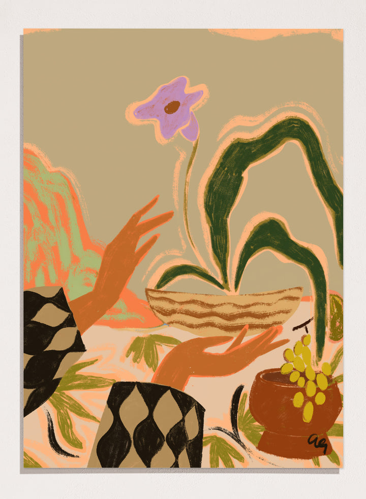 Abstract artwork with hands holding a woven basket and a flower, set against a beige background. The Power Of One by Arty Guava is a nature-inspired art print featuring botanical forms, expressive hands, tropical influences, and contemporary illustration.