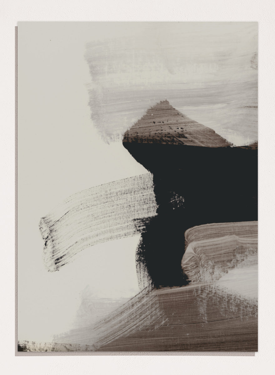 Shop Mellow No. 01 by Dan Hobday, a contemporary abstract art print featuring bold black forms, soft neutral brushwork, and layered earthy texture.