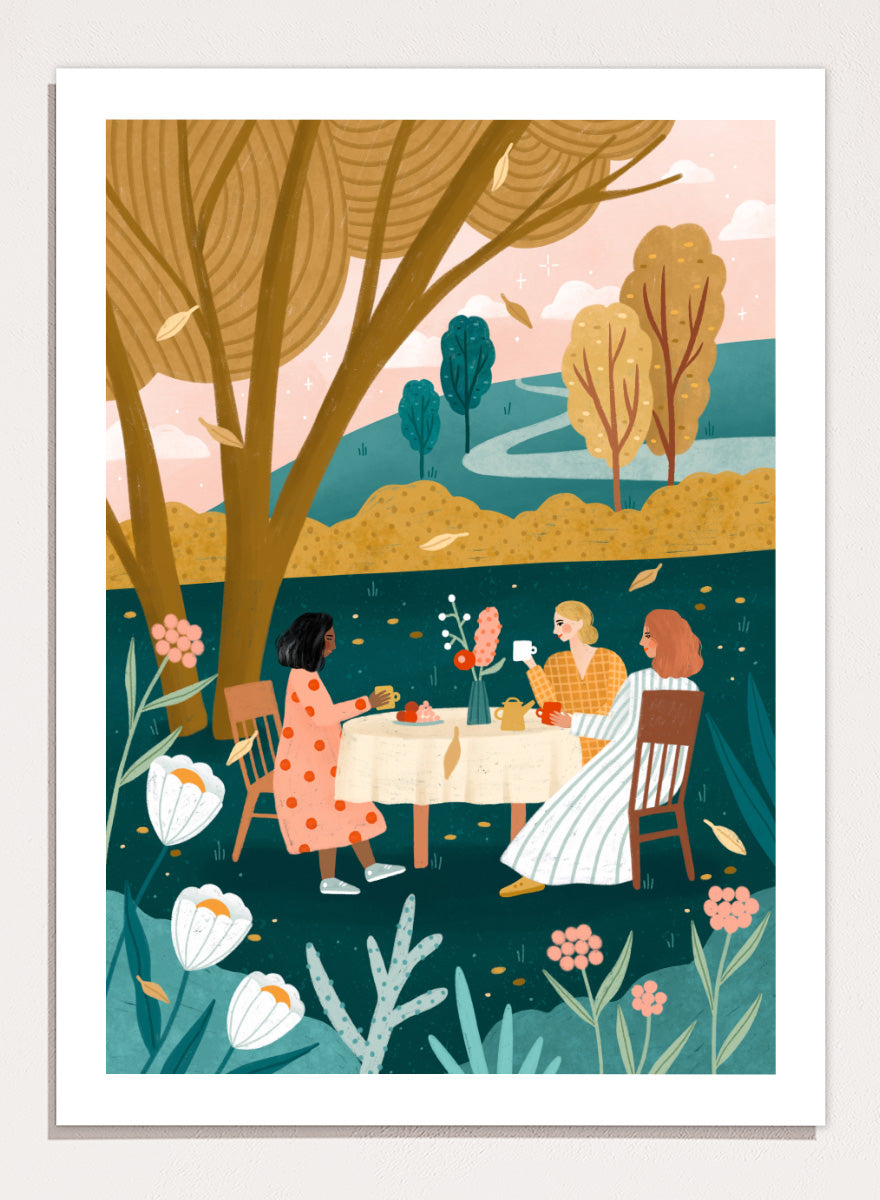Shop Autumn Tea Party by Bea Müller, a figurative wall art print poster featuring three friends sharing tea in a garden surrounded by warm green autumn scenery.