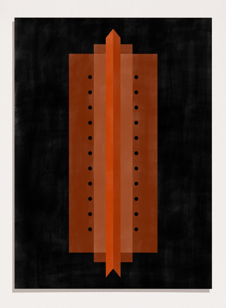 Shop Orange Art Deco Structure by Elena Ristova, a modern abstract wall art print poster featuring bold orange geometry, black dots, and strong symmetry.