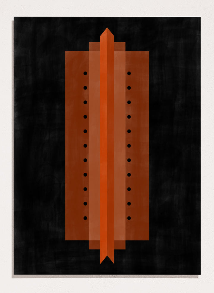 Shop Orange Art Deco Structure by Elena Ristova, a modern abstract wall art print poster featuring bold orange geometry, black dots, and strong symmetry.