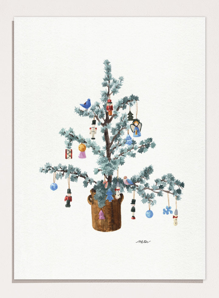 Shop Potted Festive Christmas Tree by NKTN, a Christmas wall art print poster featuring a decorated tree with nutcrackers, birds, bells, and vintage ornaments.