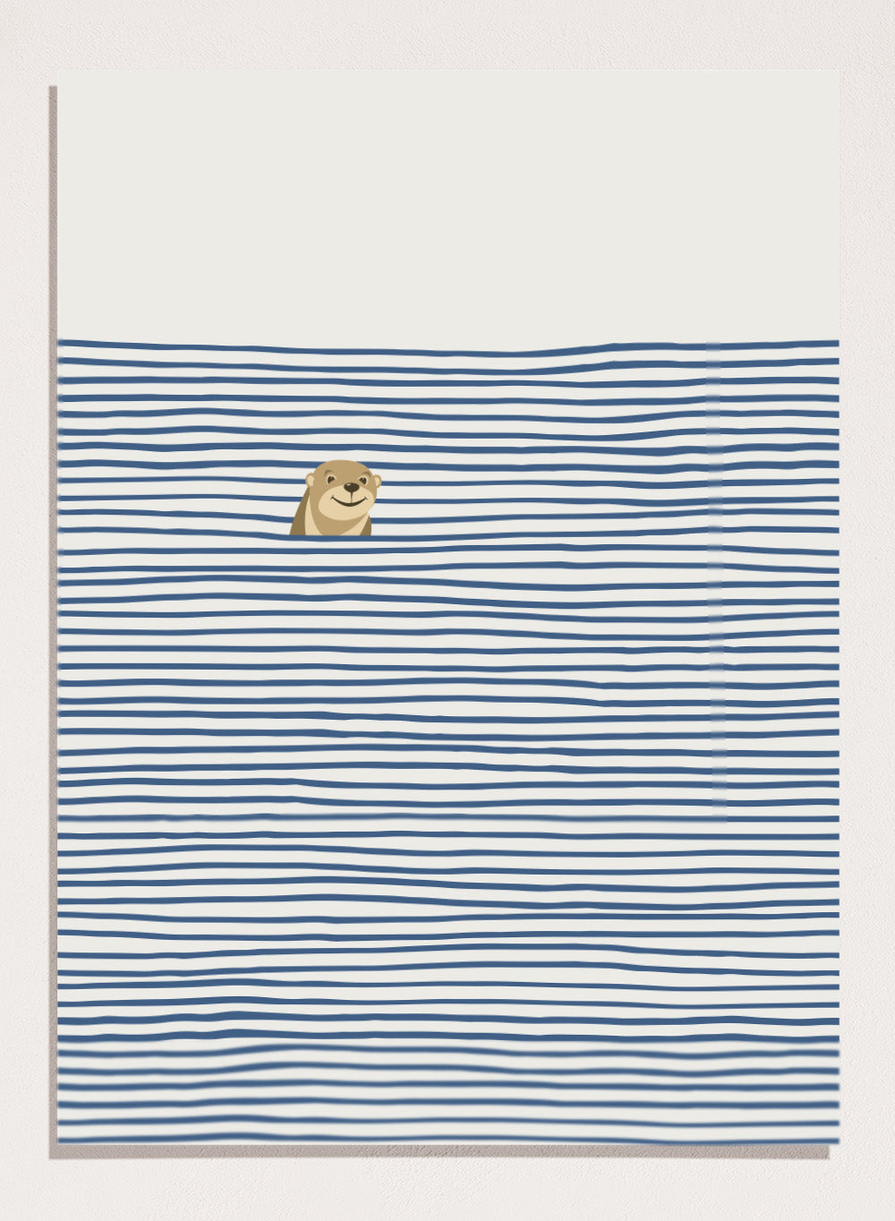 Otter in the Waves art print by Little Dean. Playful contemporary wall art featuring a smiling otter, blue wave pattern, minimalist illustration, and modern poster design.