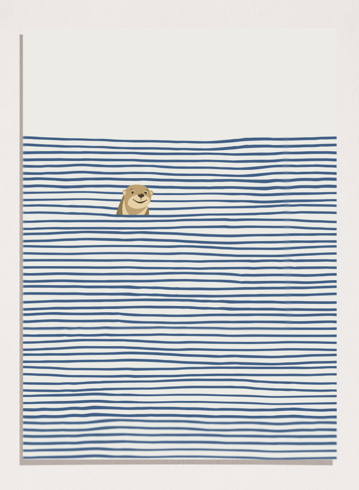 Otter in the Waves art print by Little Dean. Playful contemporary wall art featuring a smiling otter, blue wave pattern, minimalist illustration, and modern poster design.