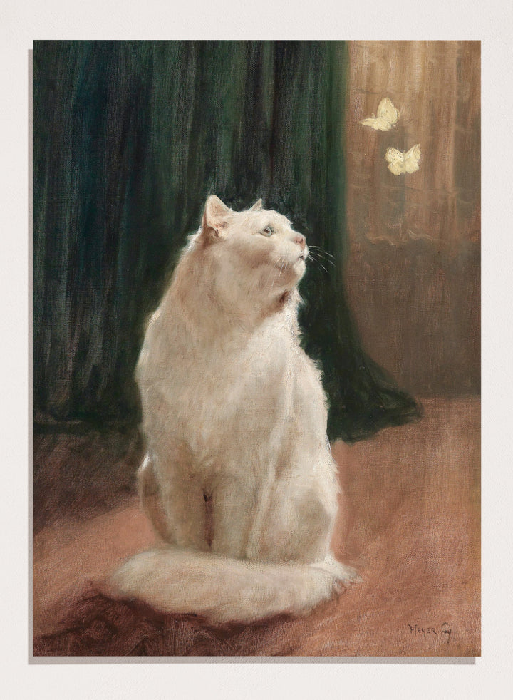 "White Cat with Two Butterflies" Art Print
