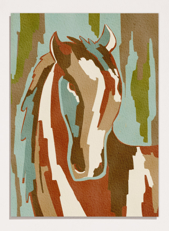 Shop Abstract Horse Portrait by Nikita Jariwala, a modern horse wall art print featuring a stylized equine portrait, bold shapes, and earthy rust, blue, and cream tones.