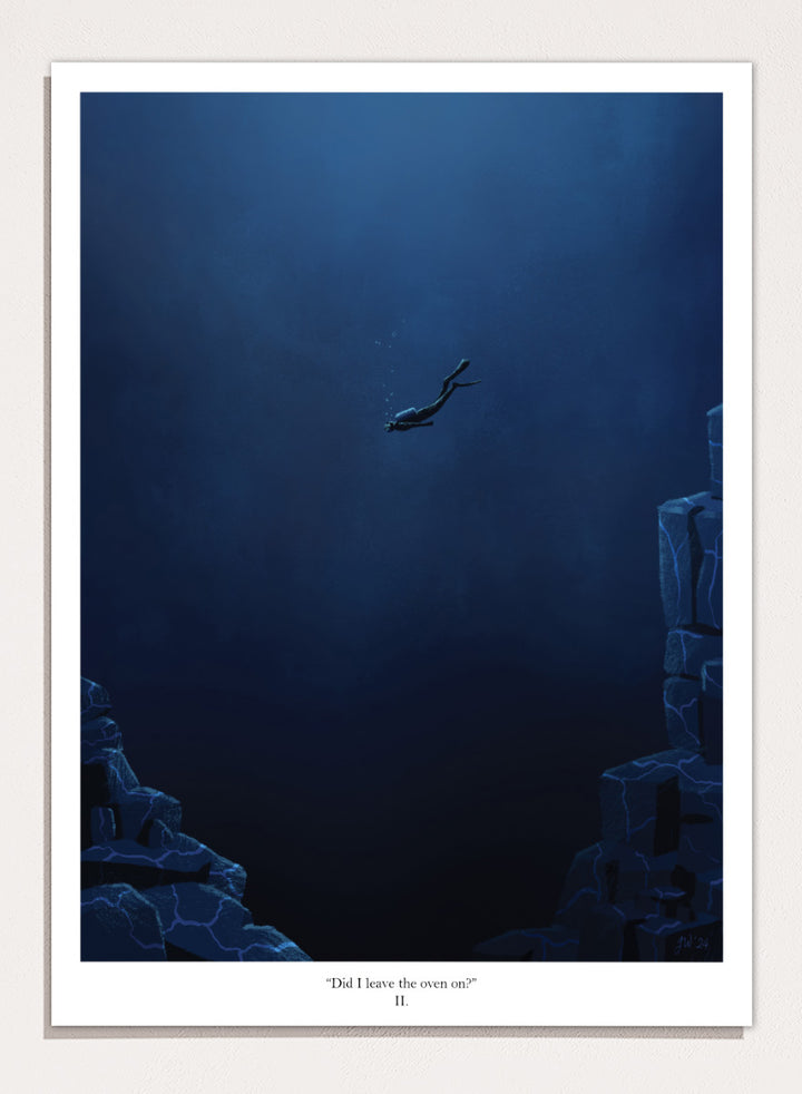 A framed art print featuring a dark blue underwater scene with a diver floating in the center, flanked by glowing blue rock formations. Shop Deep Blue Diver by Jake Waldron, a minimalist diving wall art print featuring a lone deep-sea diver, underwater cliffs, and dramatic navy blue tones.