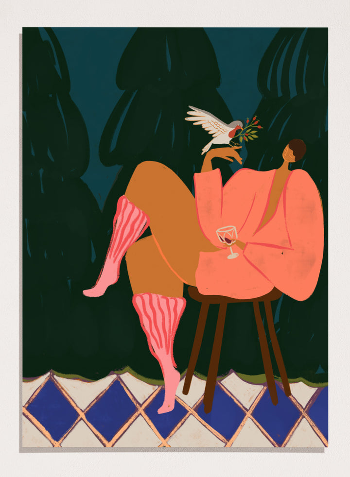 Illustration of a person in a pink dress sitting on a stool with a glass of wine, holding a dove with an olive branch. A Lil Birdy Told Me by Arty Guava is a modern woman art print with a bird, pink robe, and bold color. Officially licensed wall poster.