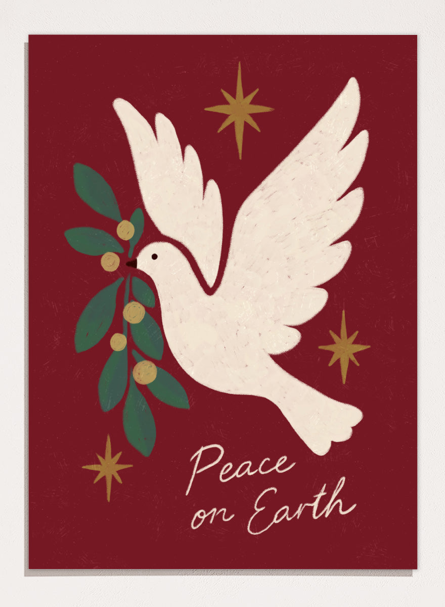 Shop Peace On Earth Dove by Katarzyna Gąsiorowska, a Christmas wall art print poster featuring a white peace dove, olive branch, stars, and festive holiday message.