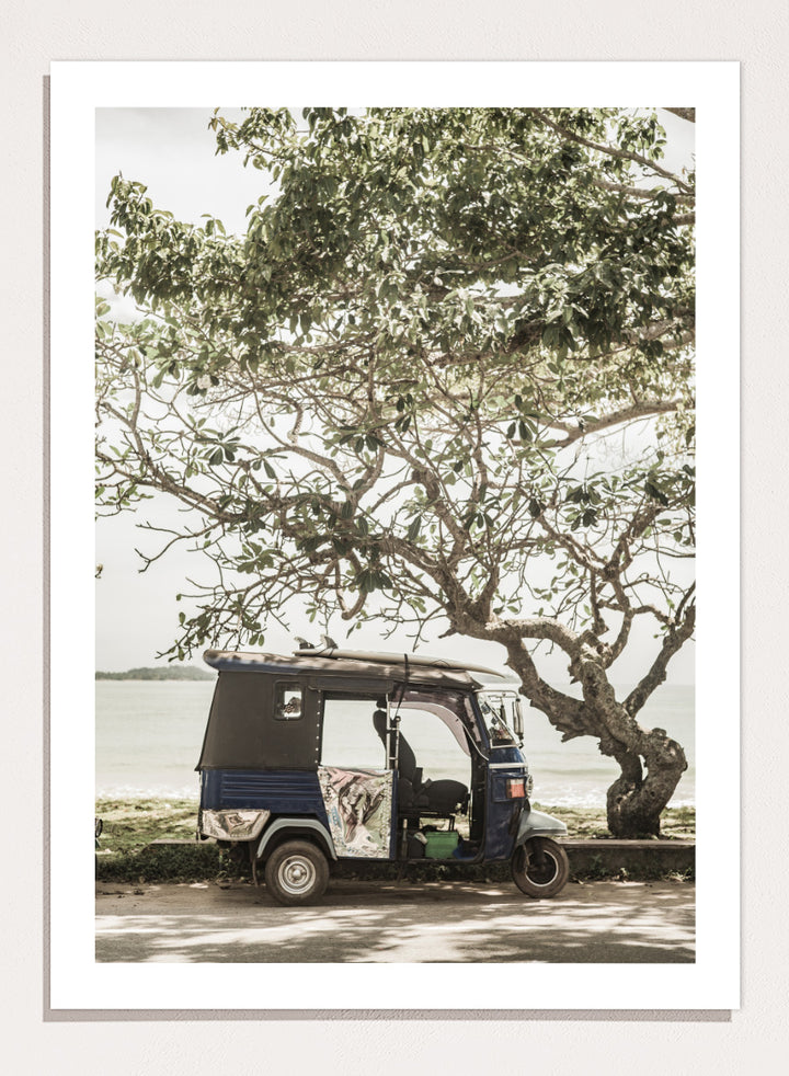 A framed photographic print featuring a small blue and white auto rickshaw parked under a large leafy tree beside a body of water. Tuk Tuk Tour by Shot by Clint travel photography print featuring a blue tuk tuk, surfboard, coastal tree, and relaxed seaside setting.
