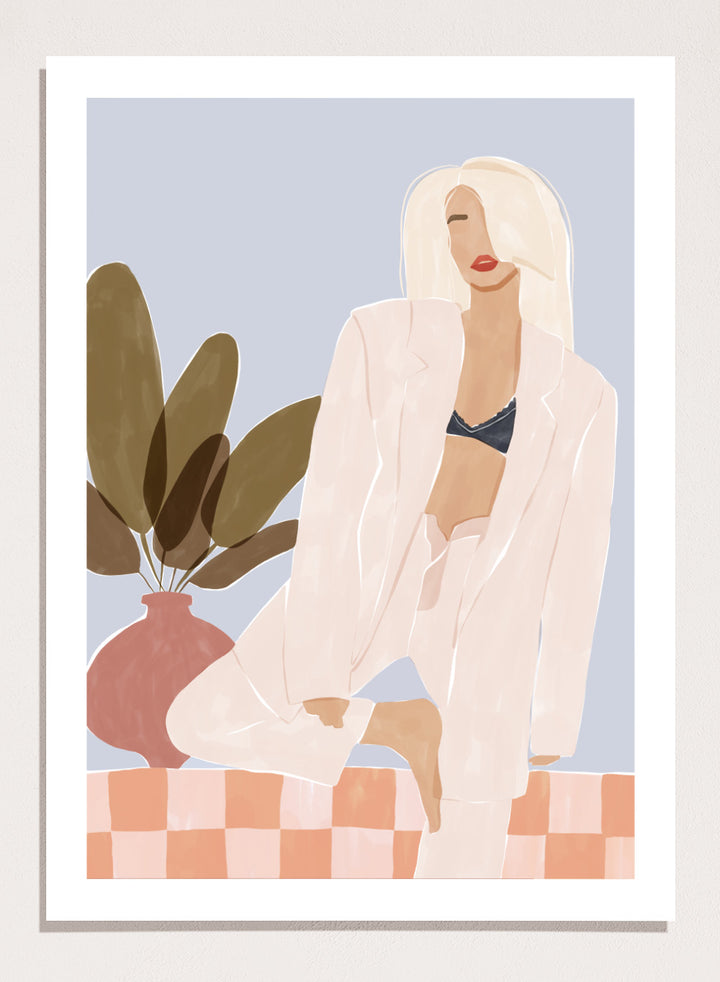 Too Lazy To Yoga by Ivy Green is a contemporary illustration art print featuring a relaxed woman in a minimalist interior. Premium fine art print with real wood framing.