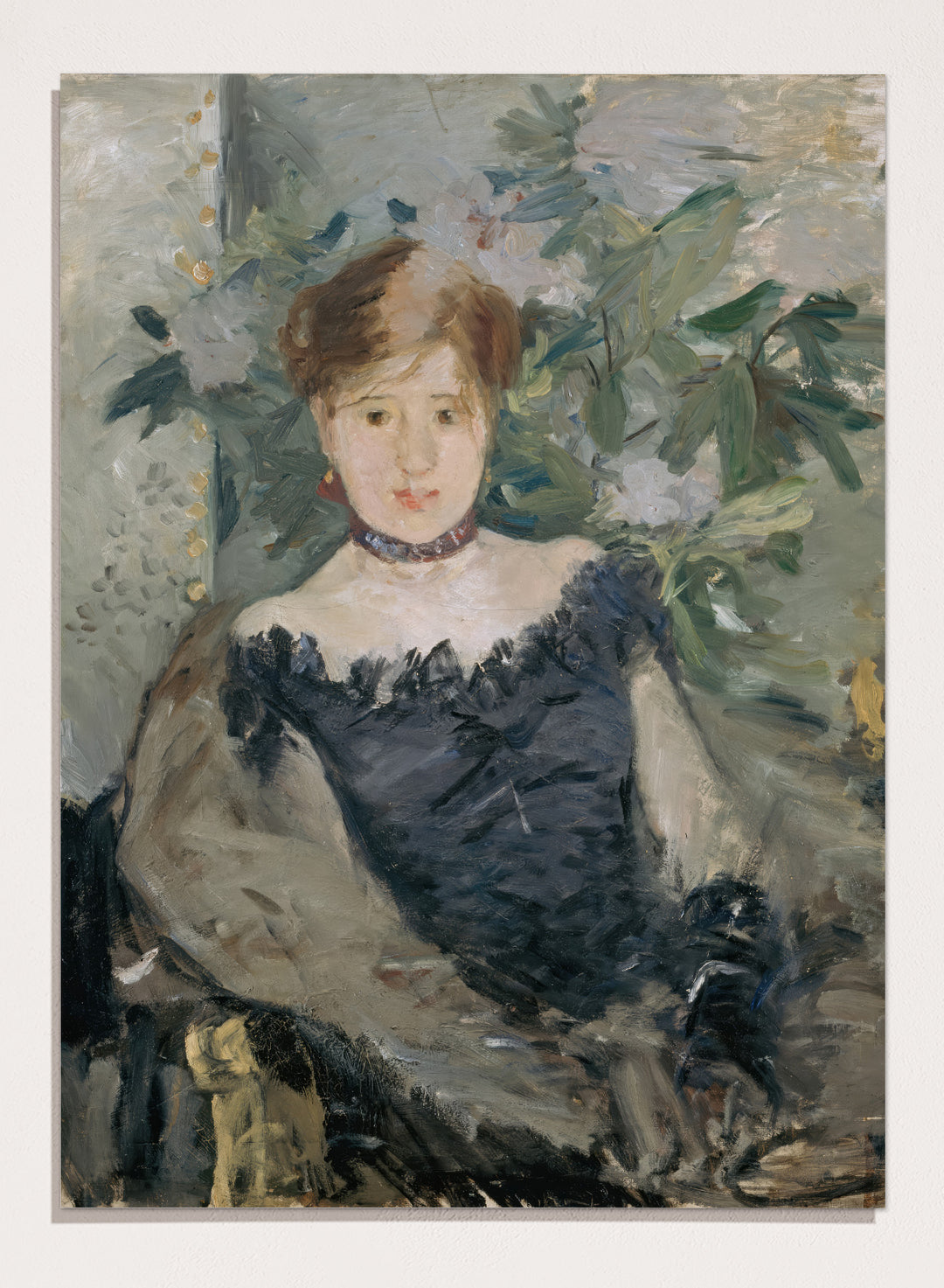 Le Corsage Noir by Berthe Morisot is a vintage Impressionist portrait print of a young woman in a black bodice, red ribbon, and white flowers behind her.