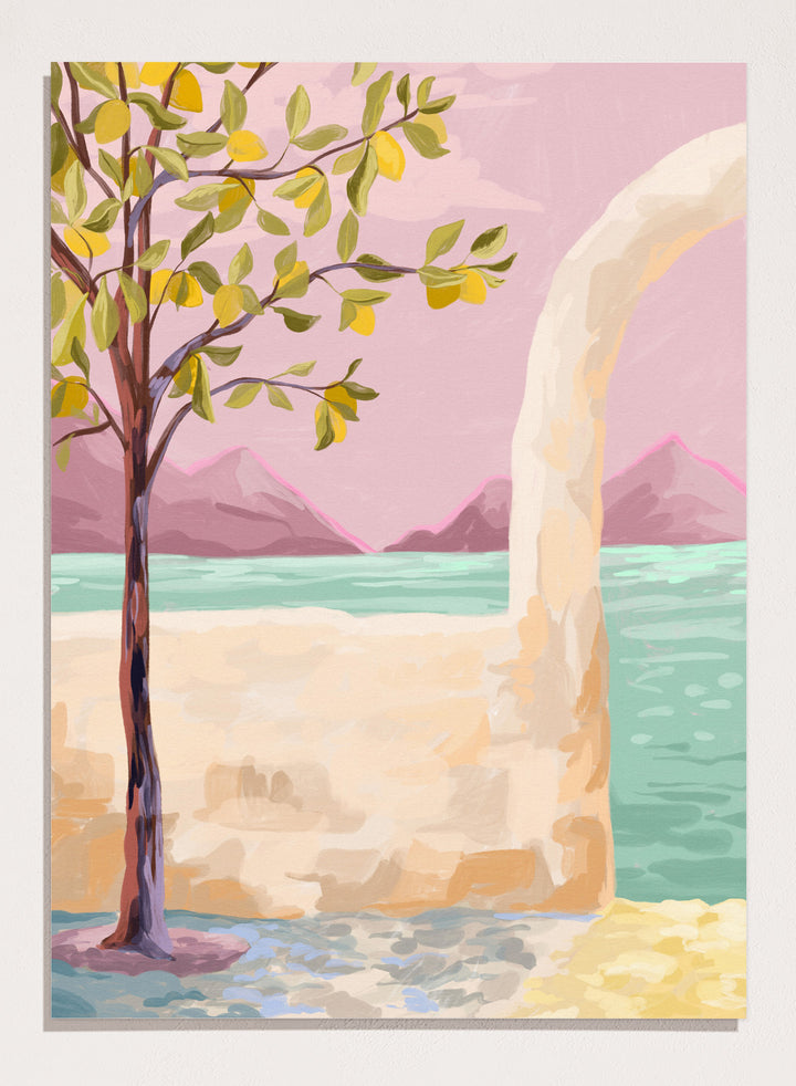 Artistic depiction of a tree by a lake with mountains in the background. Lemon Tree by Goed Blauw is a coastal art print and wall poster featuring a lemon tree, soft pastel sky, and ocean view in warm tones.