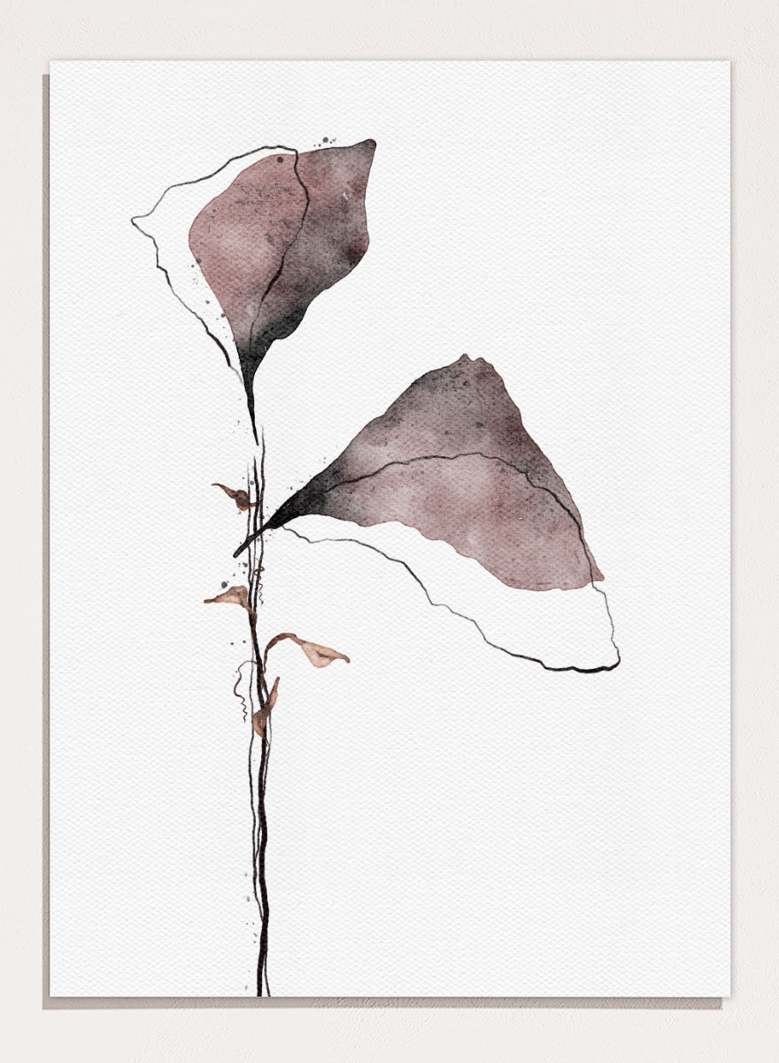 Abstract watercolor floral art print featuring two muted mauve-brown flower shapes on a thin black stem against a white textured background. Shop Muted Botanical Abstraction by Ankie Kooi, an abstract botanical wall art print poster with watercolor leaves, minimalist line art, purple, brown, and cream.