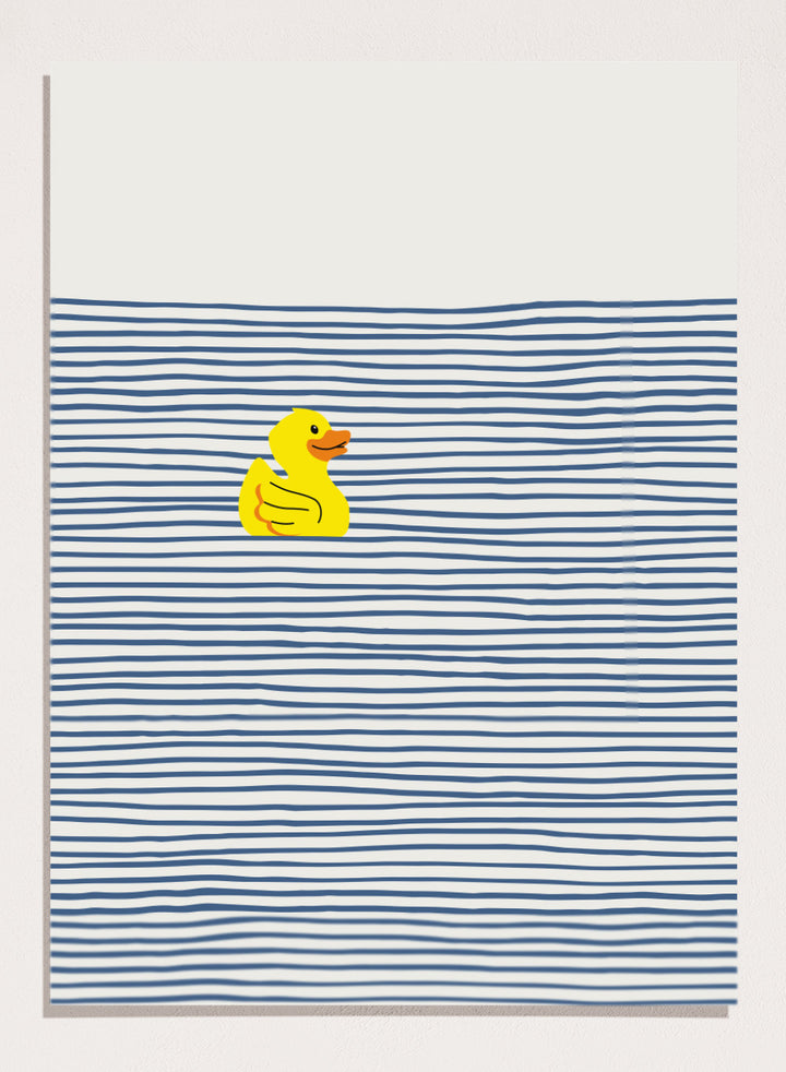 Yellow Duck Afloat art print by Little Dean. Playful duck illustration with blue ocean stripes, modern minimalist wall art, contemporary poster design.