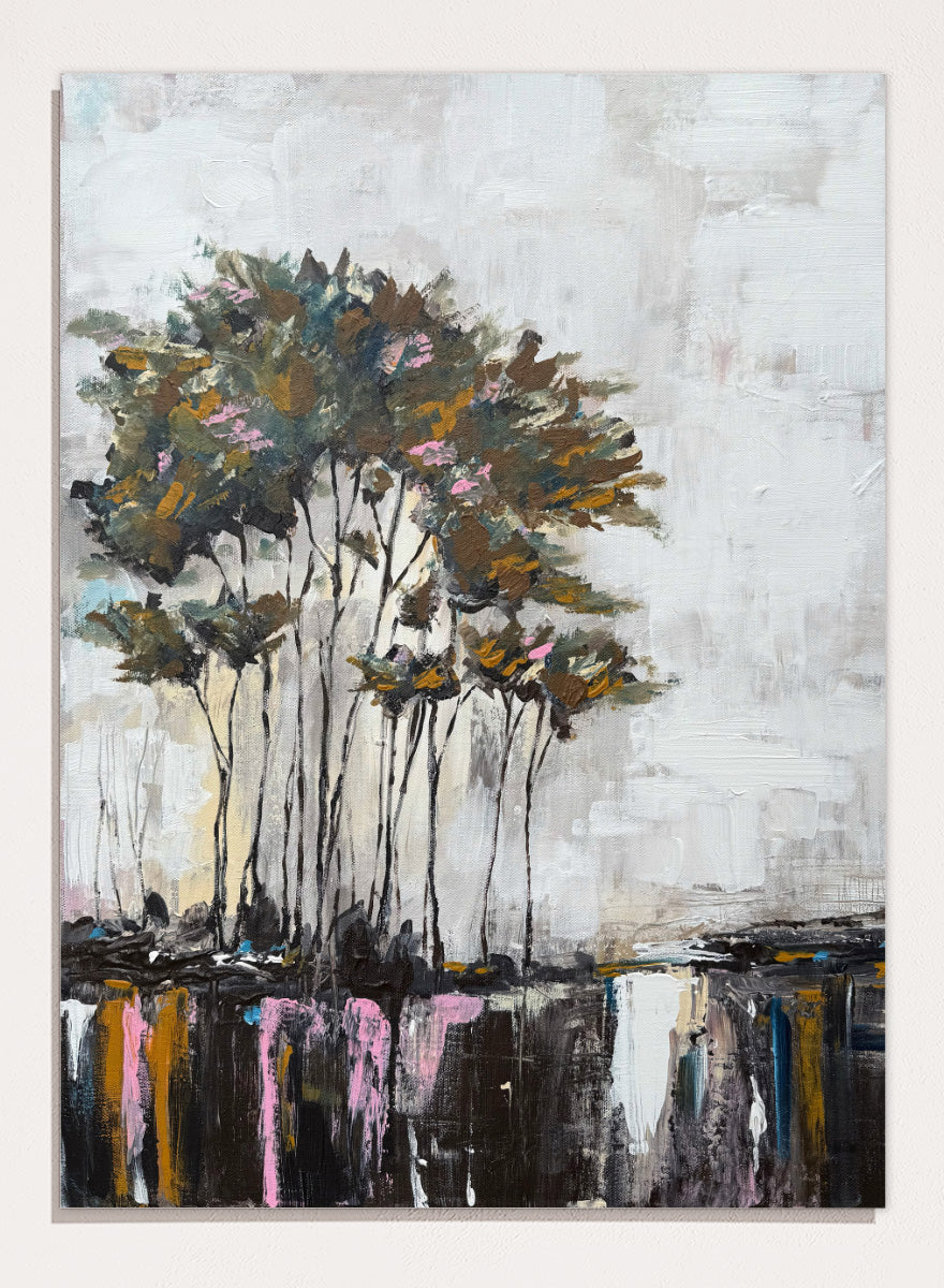 Shop Tranquil Tree Reflections by Helena Ryhle, a modern landscape wall art print poster featuring tall trees, mirrored water, and expressive reflections.