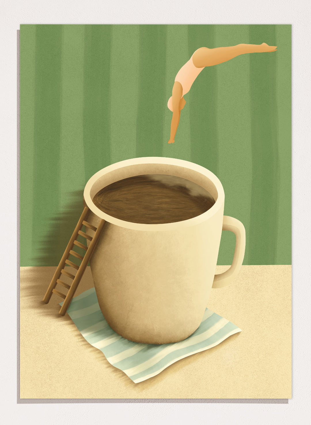 A whimsical illustrated scene showing a large beige mug filled with dark brown coffee on a striped napkin, with a small wooden ladder leaning against the mug and a diver mid-jump above the cup against a green striped background. Morning Coffee Dive by Lisa Solomoniuk premium framed fine art print featuring a tiny diver above an oversized coffee cup with a miniature ladder.