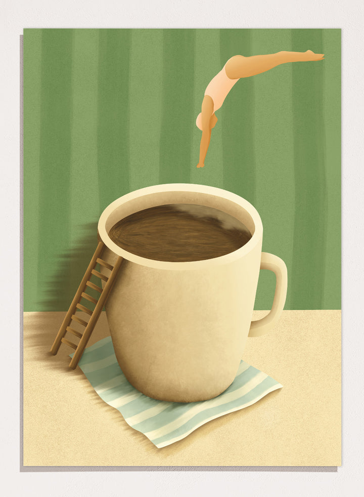 A whimsical illustrated scene showing a large beige mug filled with dark brown coffee on a striped napkin, with a small wooden ladder leaning against the mug and a diver mid-jump above the cup against a green striped background. Morning Coffee Dive by Lisa Solomoniuk premium framed fine art print featuring a tiny diver above an oversized coffee cup with a miniature ladder.