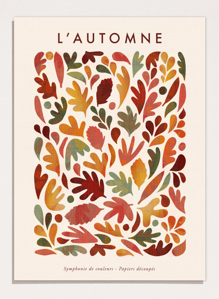 Shop Earthy Organic Leaves by Dominique Vari, an autumn botanical wall art print poster featuring abstract fall leaves in orange, red, olive, mustard, and warm earthy tones.