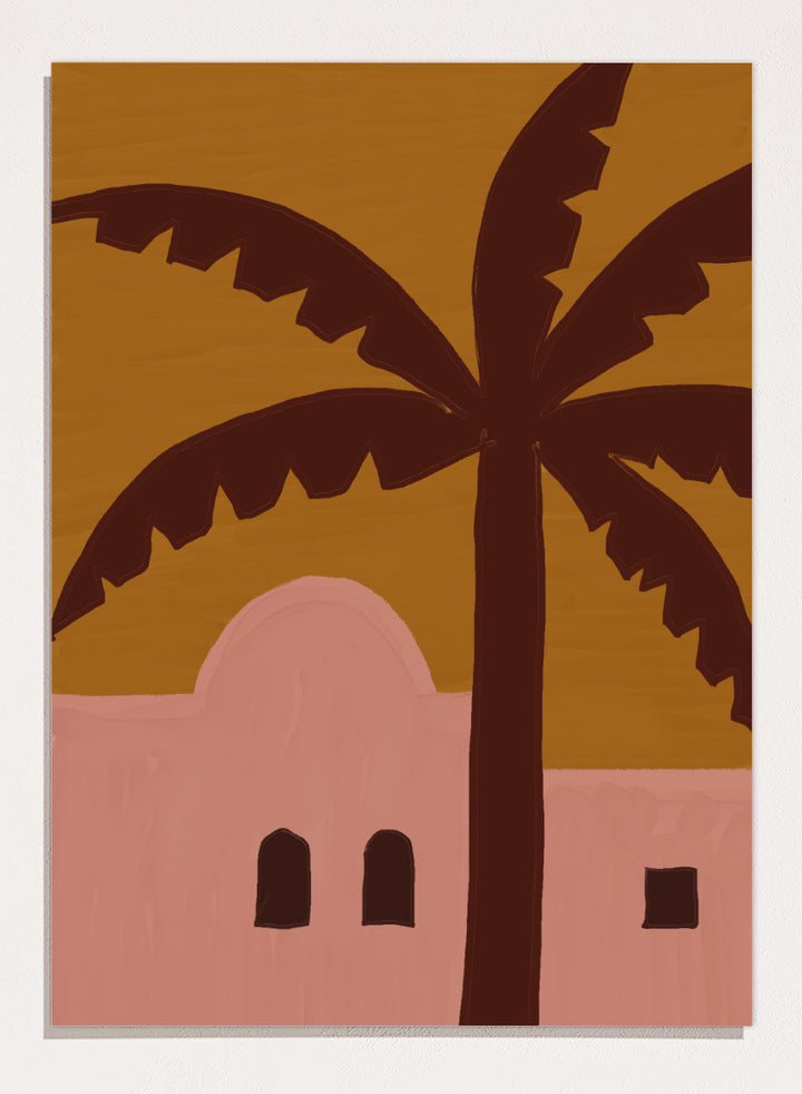 A stylized painting of a palm tree in front of a pink building under a mustard yellow sky. Desert Palm Abode by The Art Concept art print featuring a pink desert home, oversized palm tree, ochre sky, and warm retro color palette.