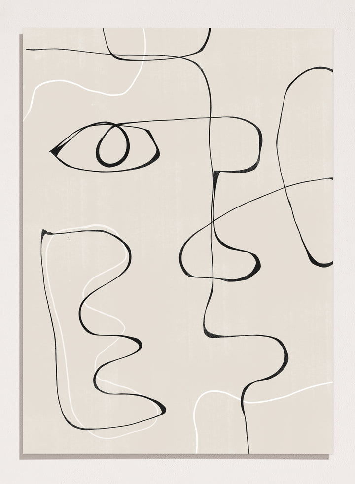 Abstract line art of a face on a beige background. Abstract Facescape by The MIUUS Studio is a minimalist abstract line art print and wall poster featuring continuous line drawing, modern face illustration, and neutral tones.