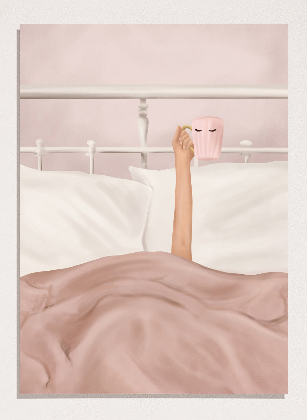 Coffee Cup by Flow Line is a cozy morning art print featuring a woman in bed holding a pink mug. A modern lifestyle wall poster celebrating slow mornings.