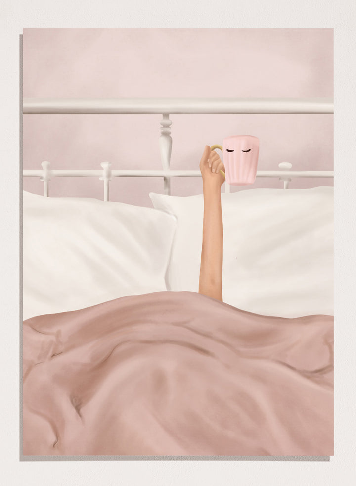 Coffee Cup by Flow Line is a cozy morning art print featuring a woman in bed holding a pink mug. A modern lifestyle wall poster celebrating slow mornings.